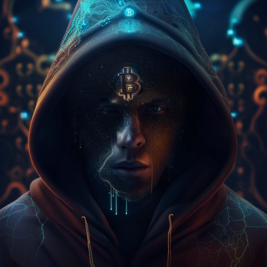 Bitcoin Crypto Man in Cyberpunk Blockchain Fantasy