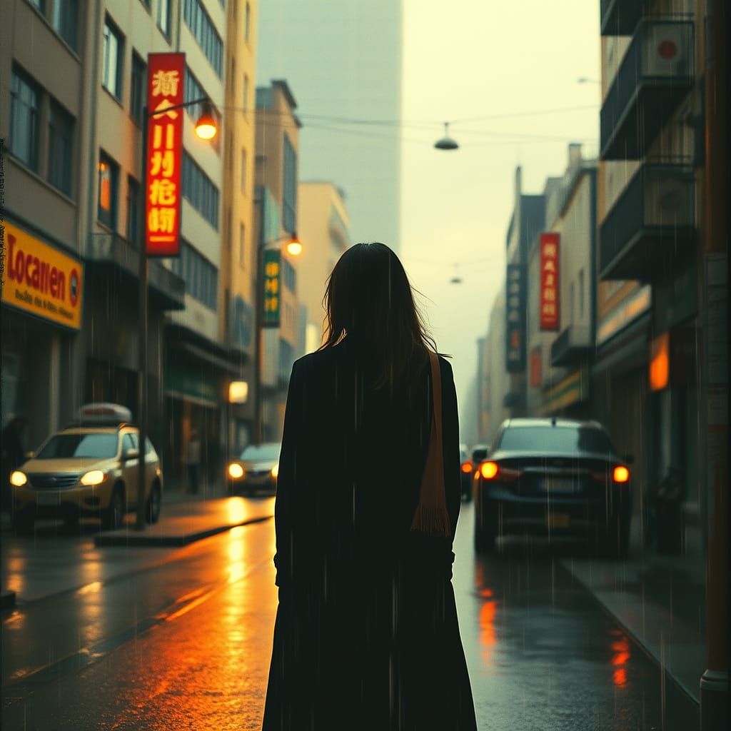 Rainy City Street Scene in Neo-Impressionist Style