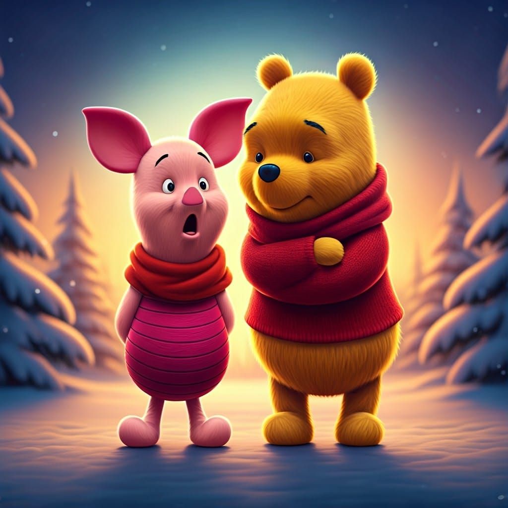 Piglet and Pooh in a Whimsical Winter Forest