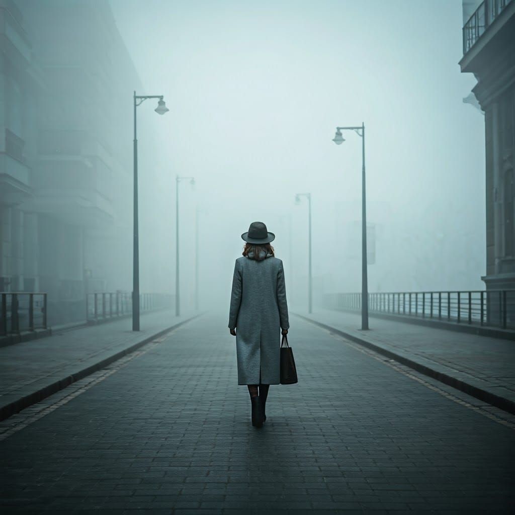 Foggy Street Scene with Woman in Grey Coat