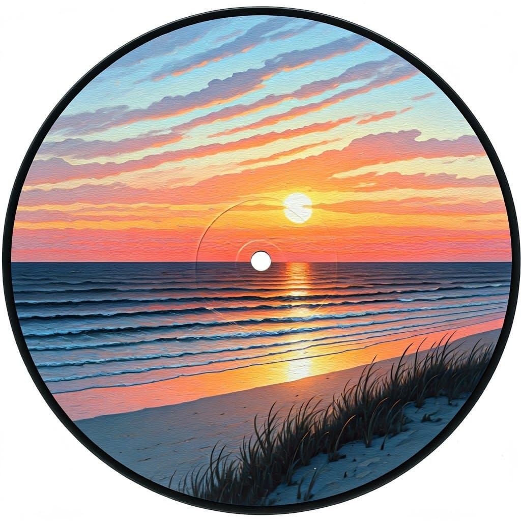 Beach Sunset Vinyl Record Oil Painting
