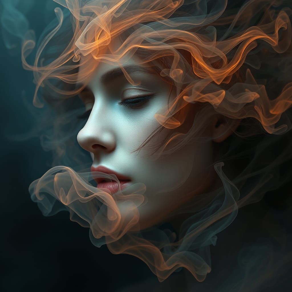 Ethereal Woman's Face Emerging from Swirling Smoke