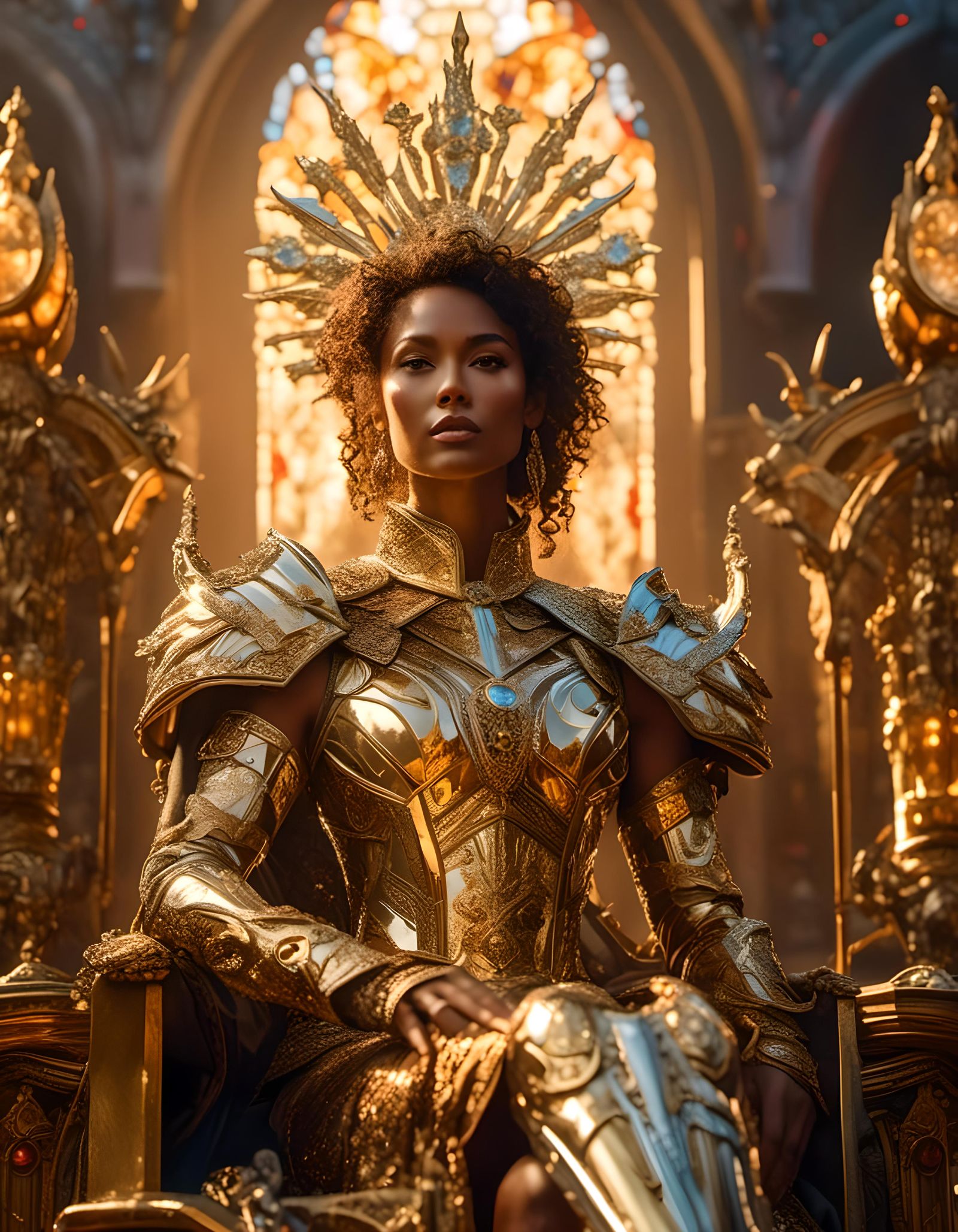 Queen in Gold Armor on Ornate Throne