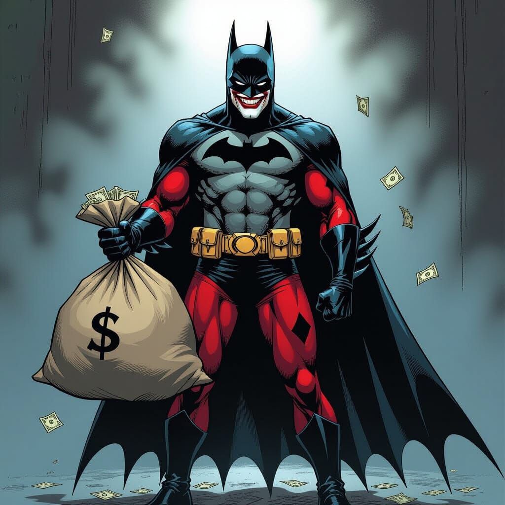 Joker-Faced Batman in Harley Quinn Outfit with Money Sack
