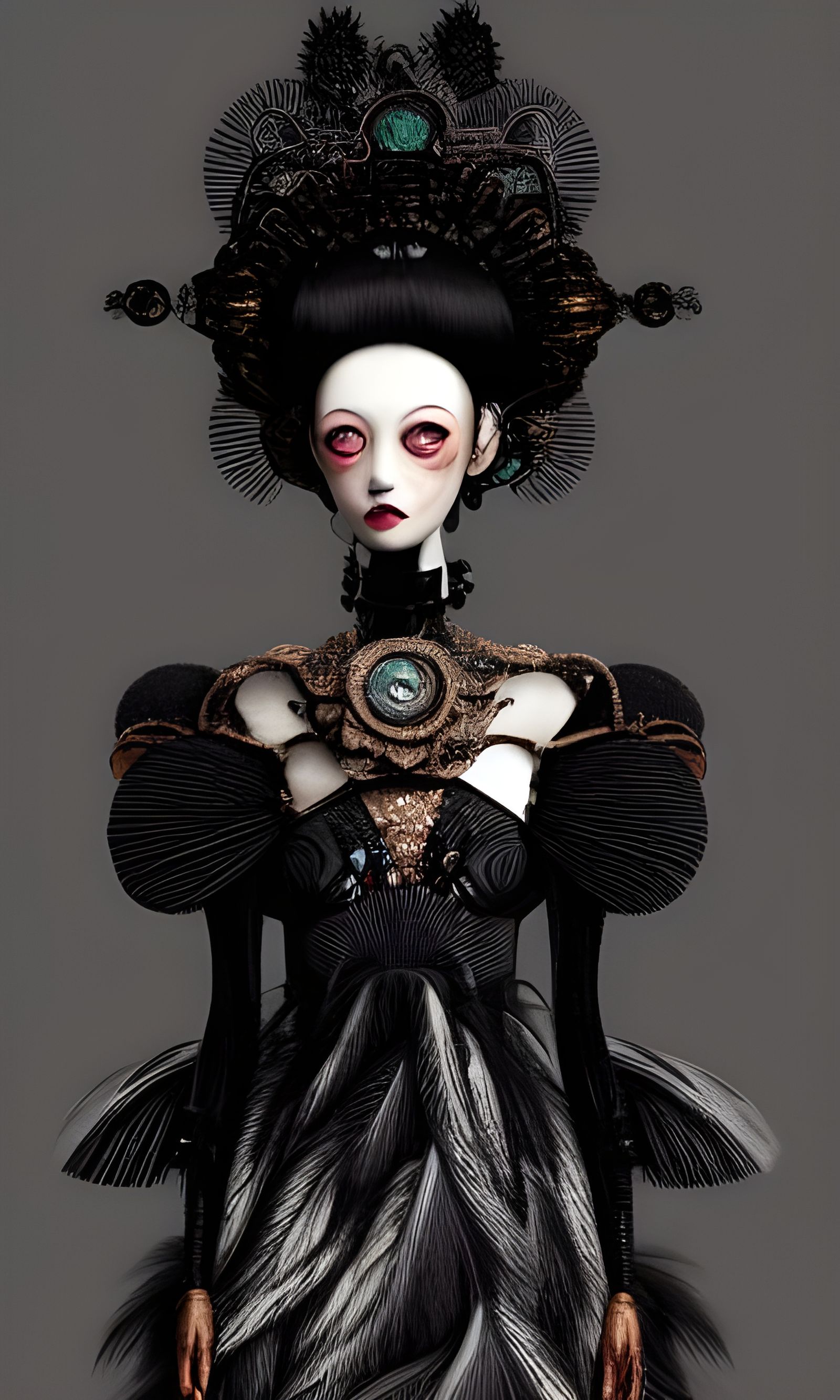 Retrofuturistic Art Doll in Feathered Gown