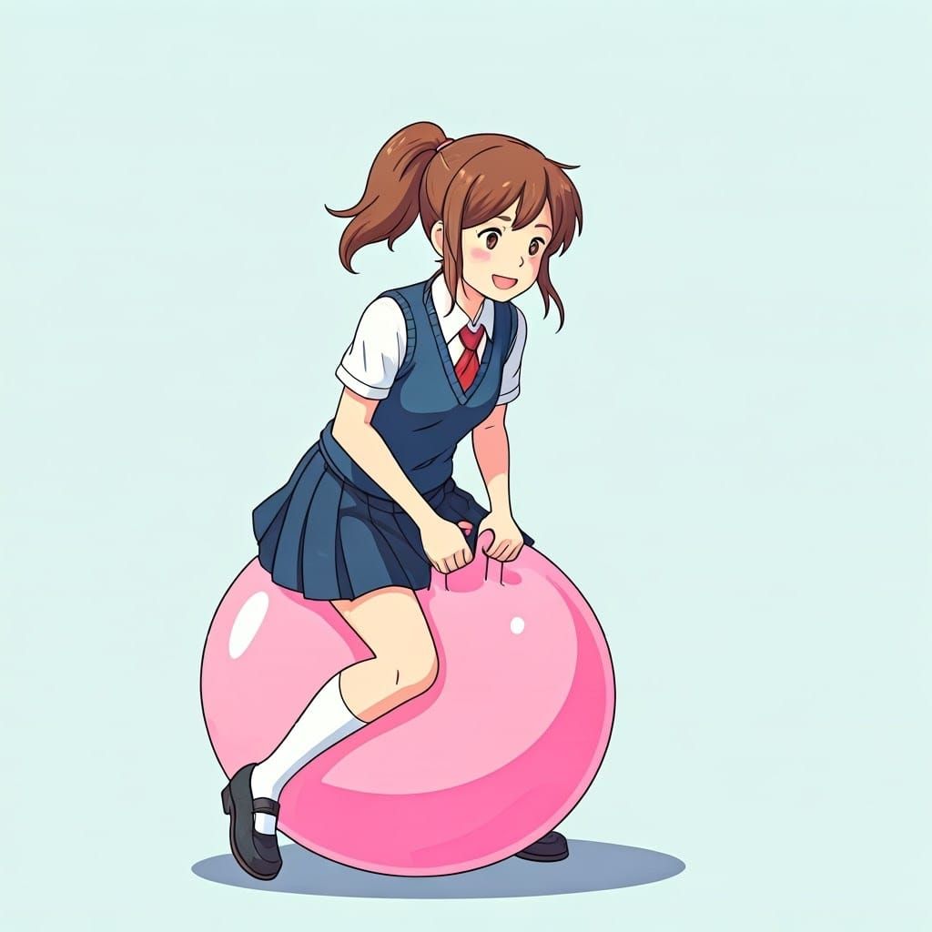School Girl Bouncing on Hopper Ball in Ghibli Style