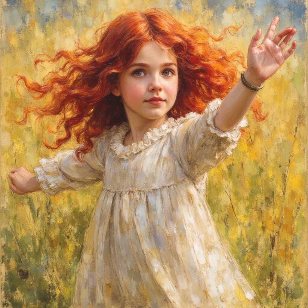 Red-Haired Girl in Meadow, Watercolor Style