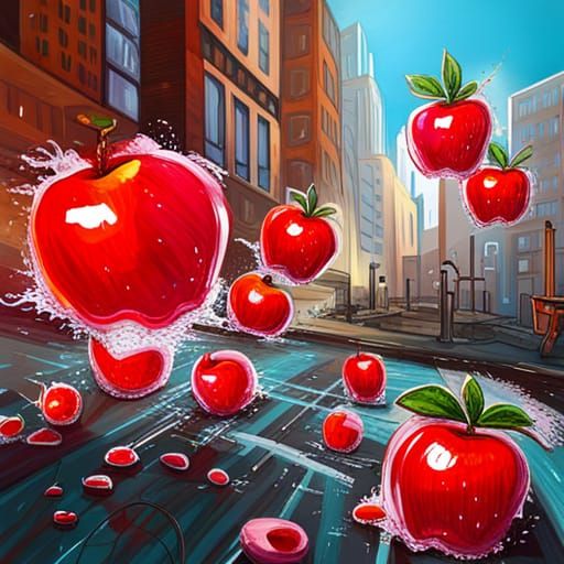 Magical Girl Surrounded by Flying Red Apples