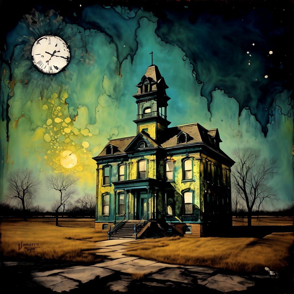 Whimsical Orphanage Painting in Dali Style