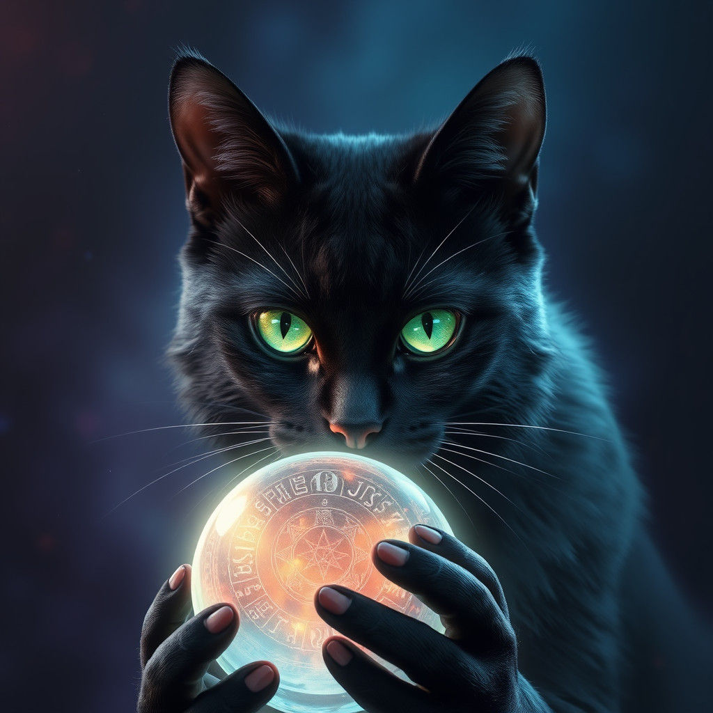Mystical Black Cat Gazing into Crystal Ball