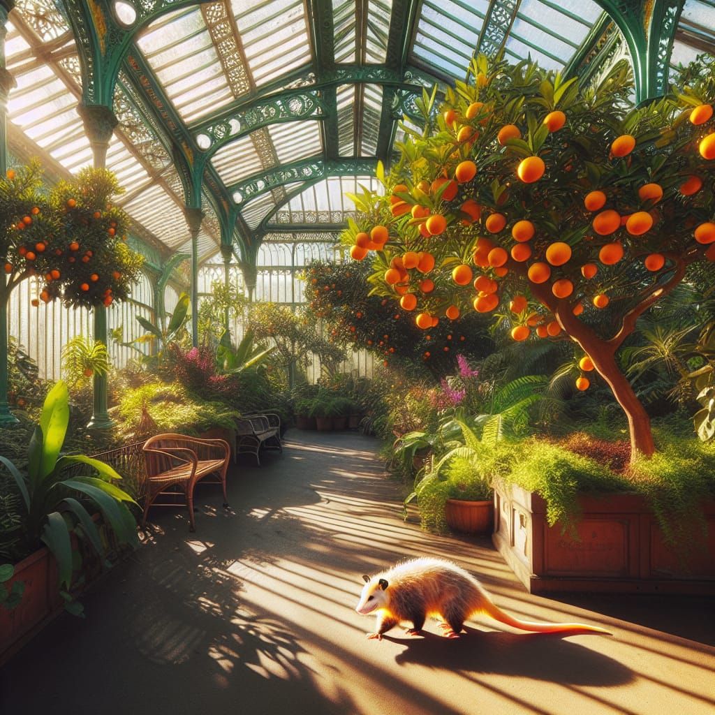 Vibrant Opossum Explores Sunlit Orangery