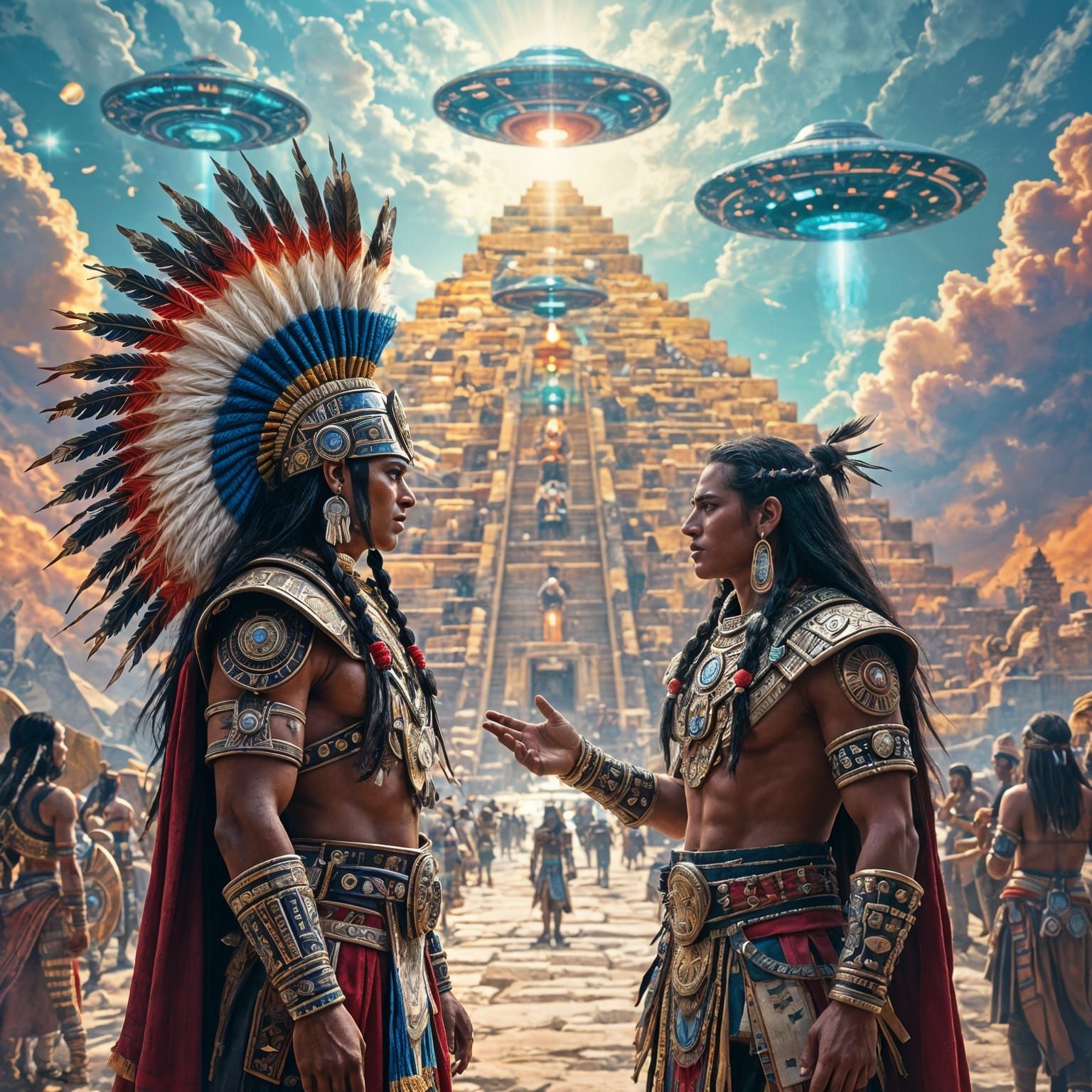 Aztec Warrior and Anunnaki Encounter Over Pyramid