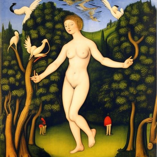 Crane in Yarmulke Over Woodland: Renaissance Fauvist Style