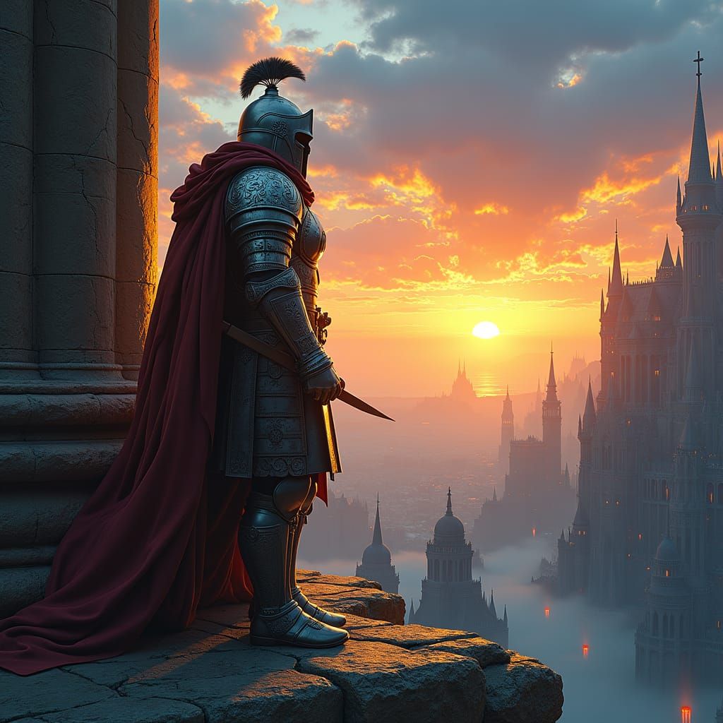 Heroic Crusader in Ruined Cityscape at Sunset