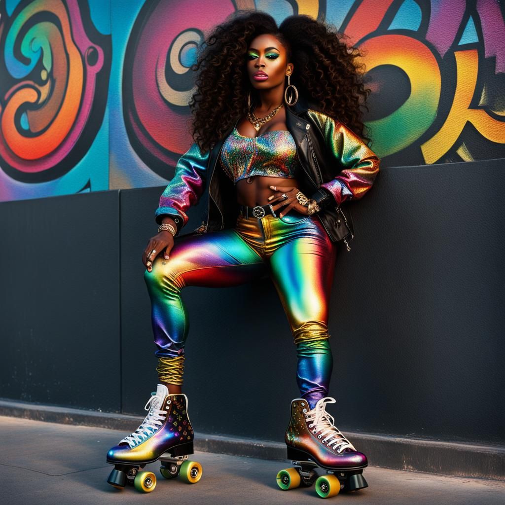 Woman on Rainbow Roller Skates, Photorealistic Style