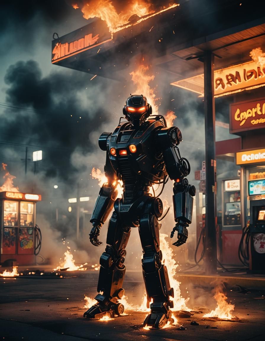 Futuristic Robot in Front of Burning Gas Station