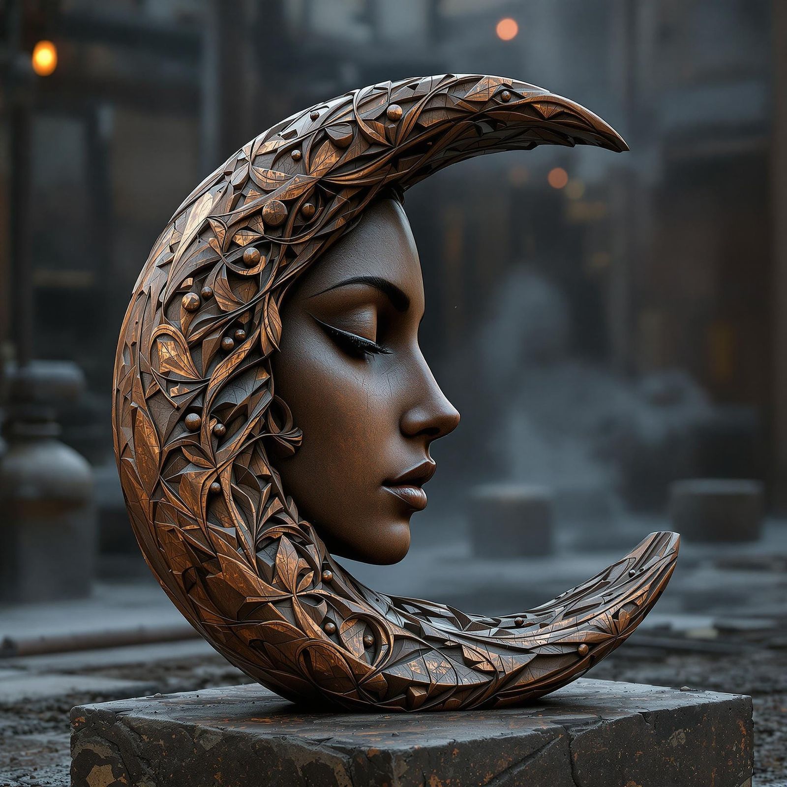 Surreal Wooden Goddess in Muted Industrial Landscape