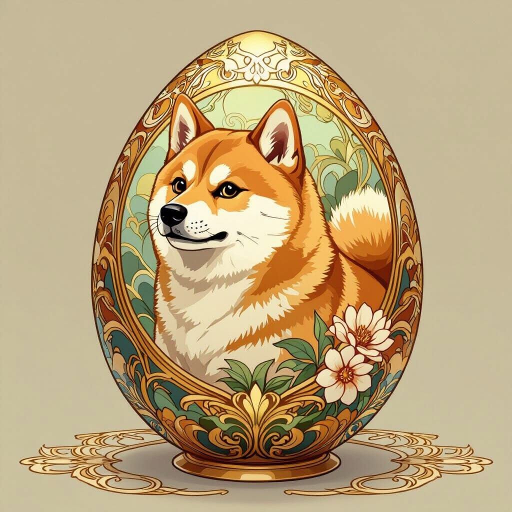 Golden Egg with Shiba Inu Portrait in Art Nouveau Style
