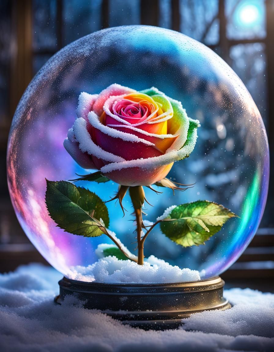 Rainbow Rose in Glass Globe: Ethereal Winter Oil Painting