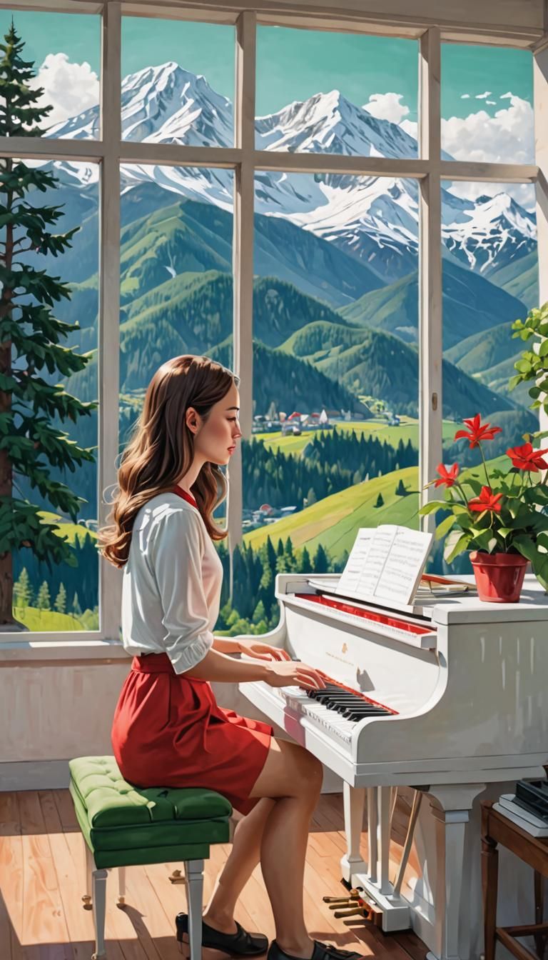 Girl at Piano with Mountain View