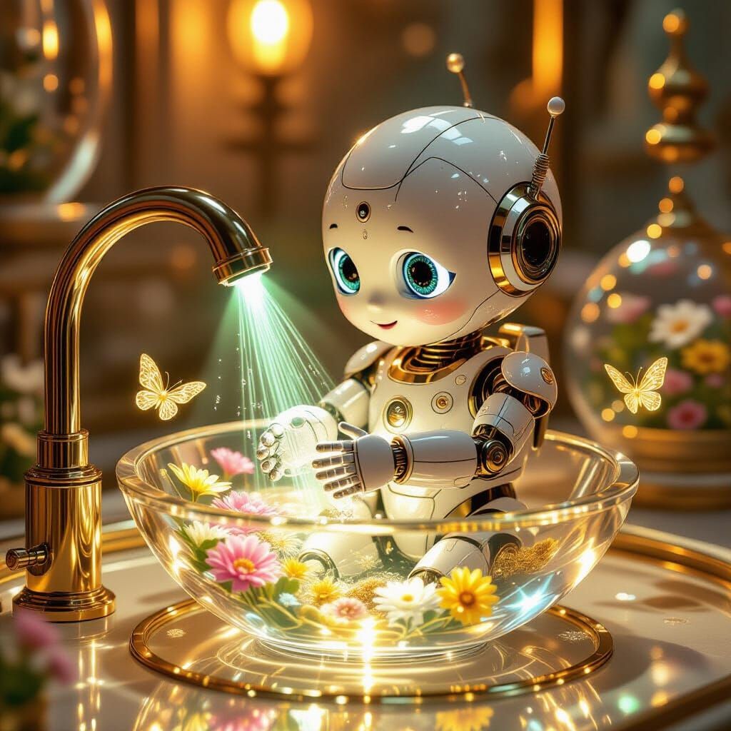 Baby Robot Washes Hands in Futuristic Sink