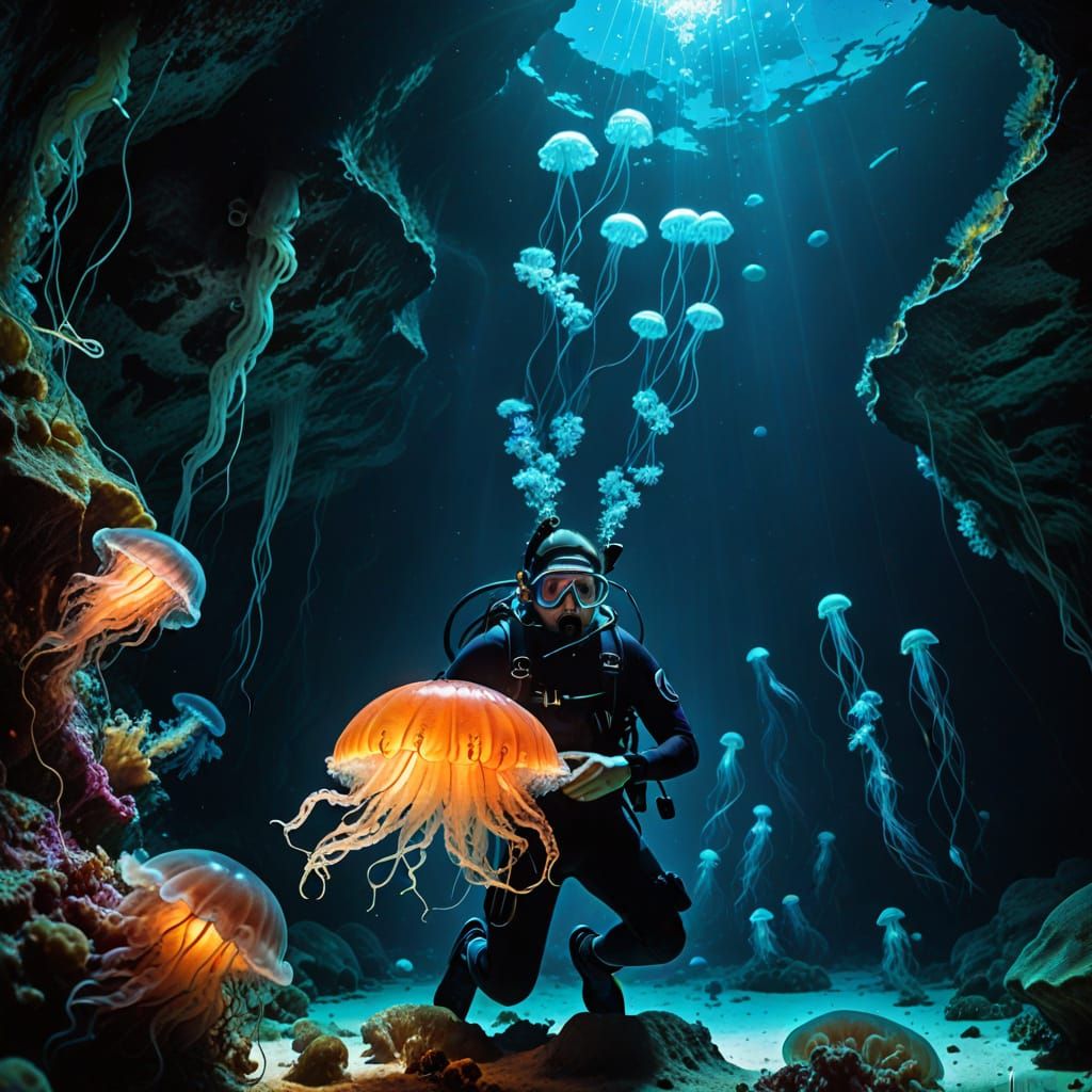 Bioluminescent Diver in Underwater Jellyfish Cave