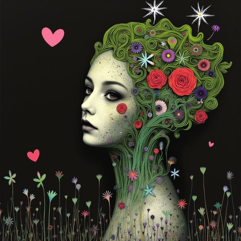 Abstract Woman with Braided Grass Hair and Wildflowers