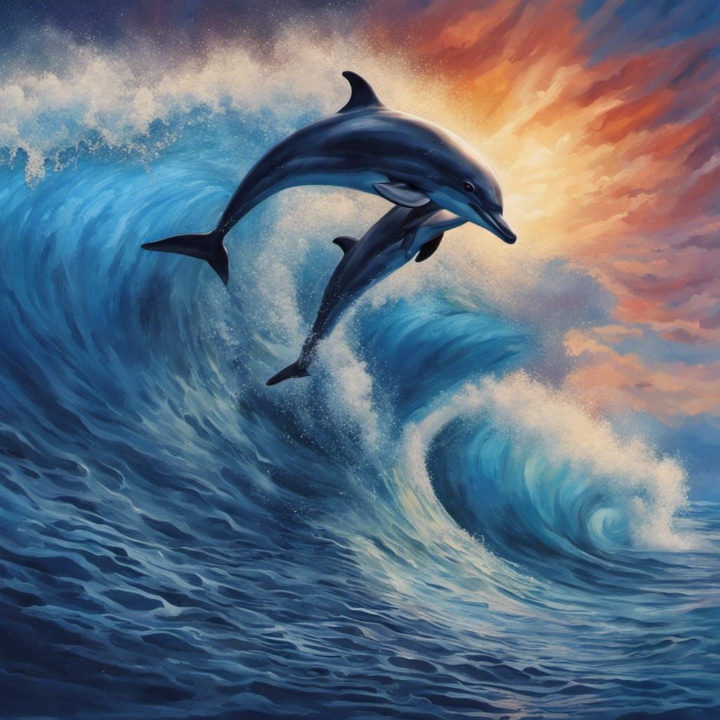 Dolphins Surfing a Wave: Hyperrealistic Splash Art
