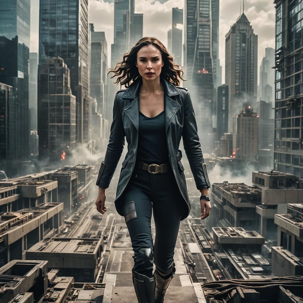 Woman Enters Futuristic Cityscape in Cinematic Style