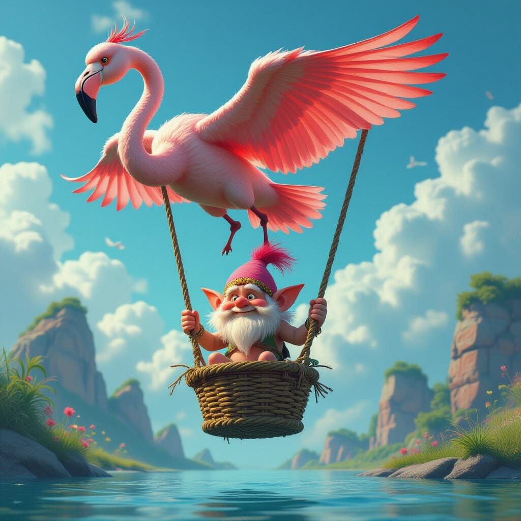Troll Child Rides Flying Flamingo: Fantasy Concept Art