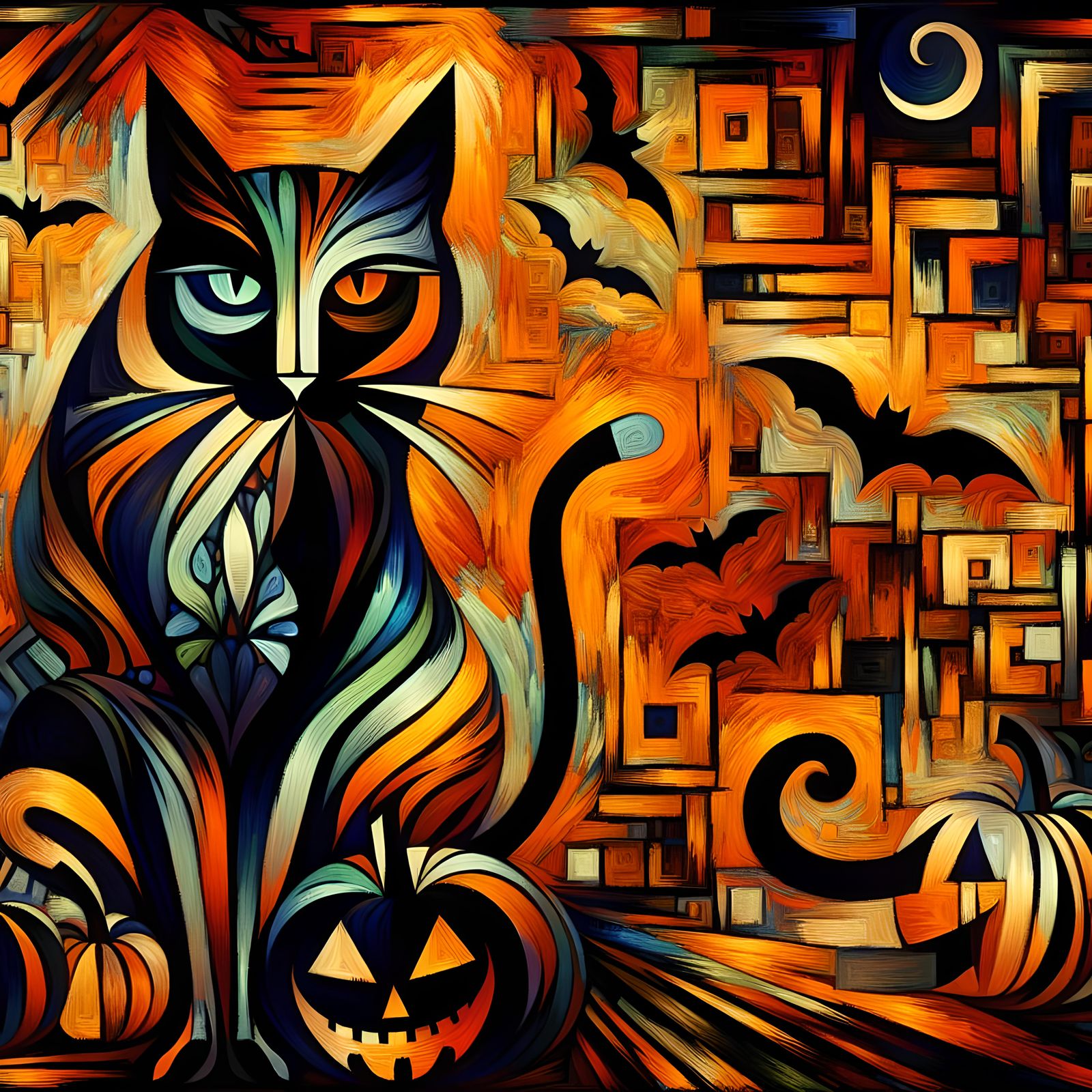 Geometric Halloween Cat in Neo-Cubist Style