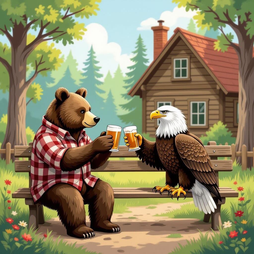 Bear and Eagle Toast in Whimsical Folkloric Style