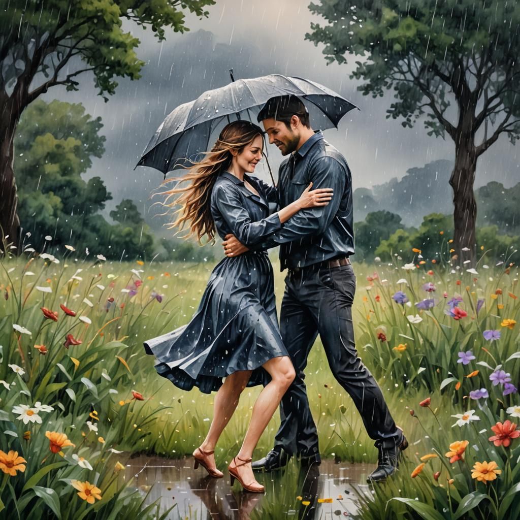 Lovers Dancing in Rain: Watercolor Painting