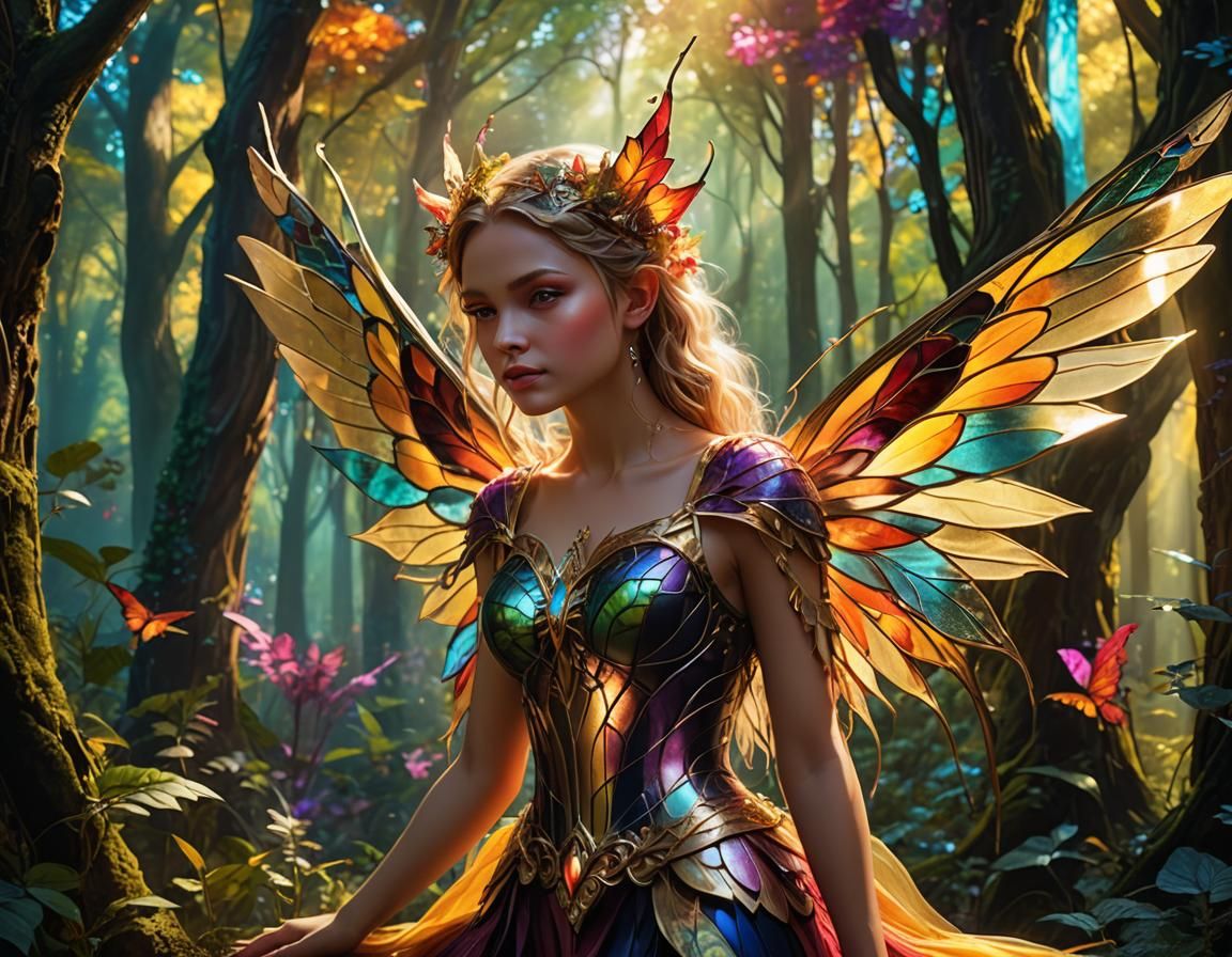 Beautiful Forest Fairy with Stained Glass Wings