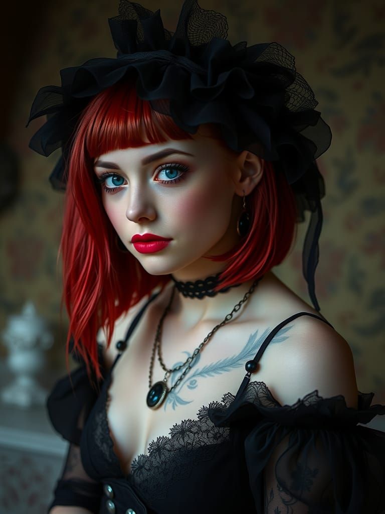 Gothic Woman with Red Hair in Postpunk Style