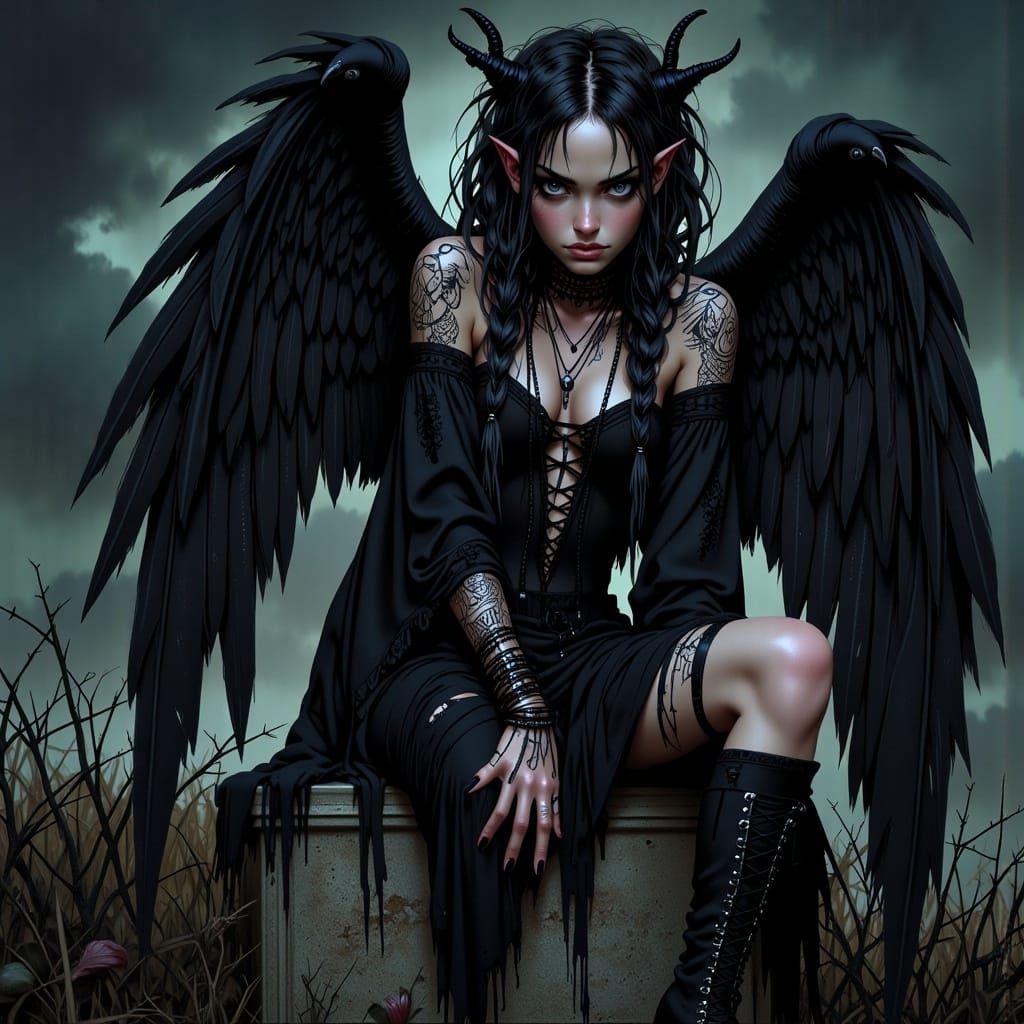 Spooky Gothic Angel with Studded Boots
