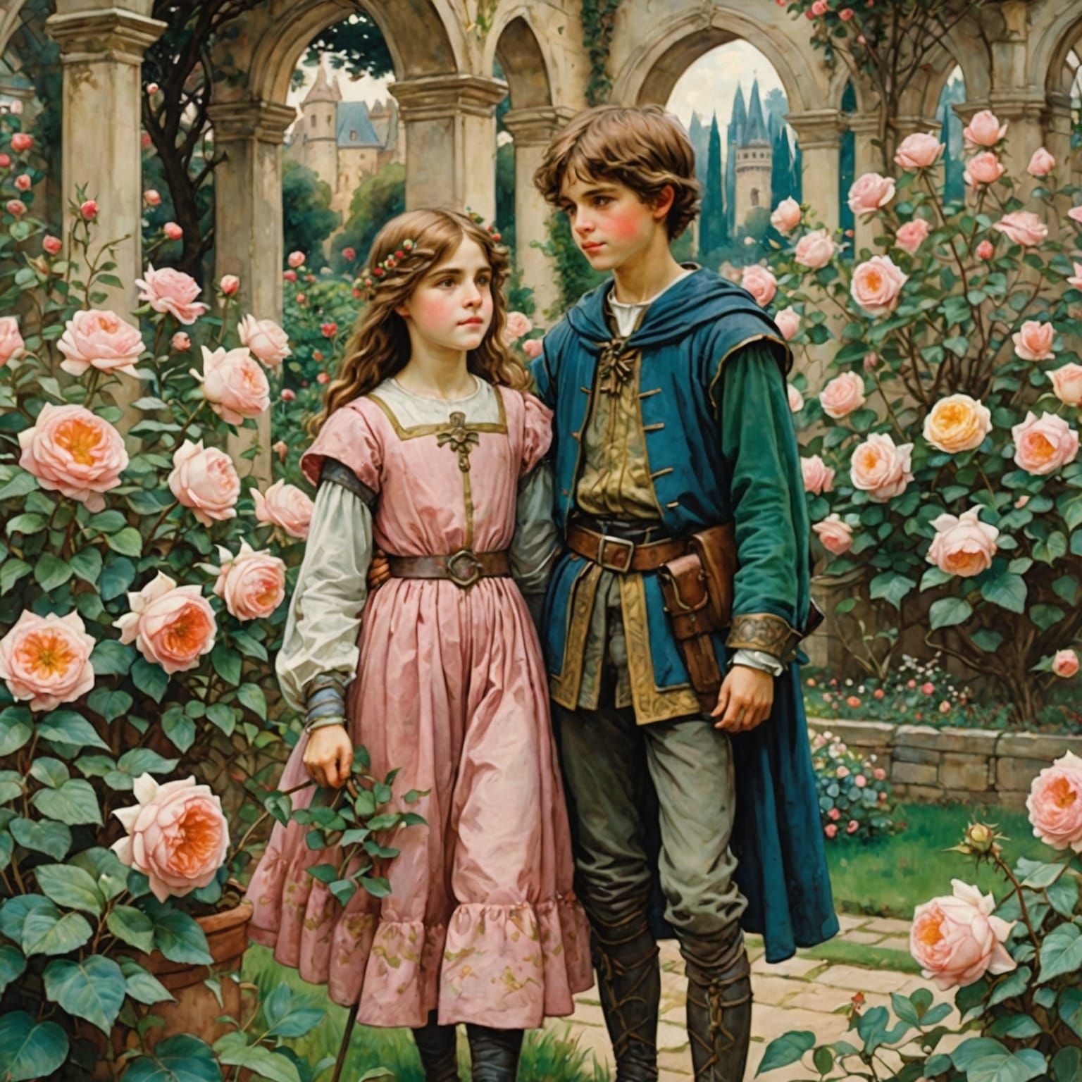 Medieval Rose Garden: Cheerful Siblings in Watercolor
