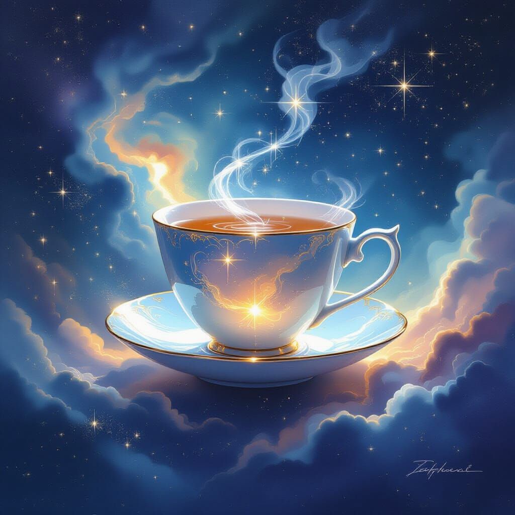 Ethereal Moonlit Teacup Floats Above Cosmic Nebula