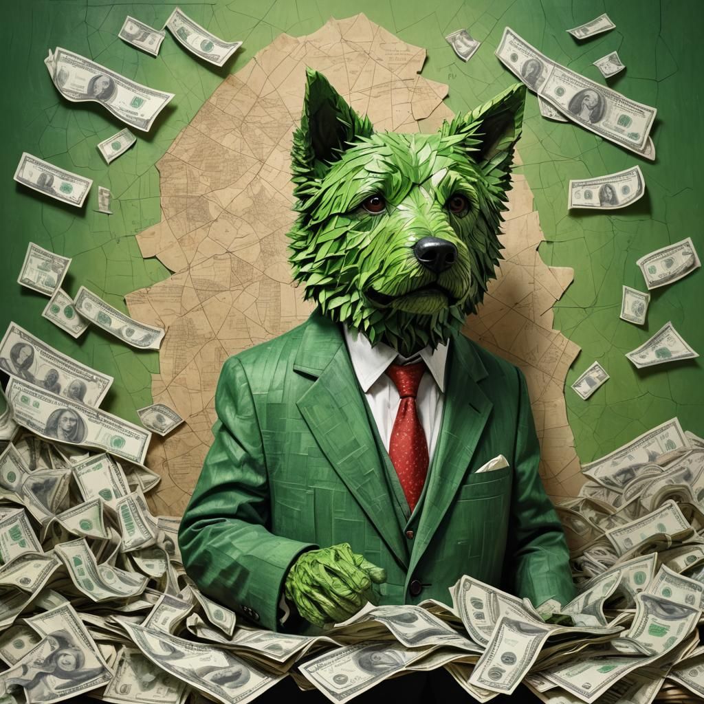 Green Dog in Suit with Paper Boat, Splash Art