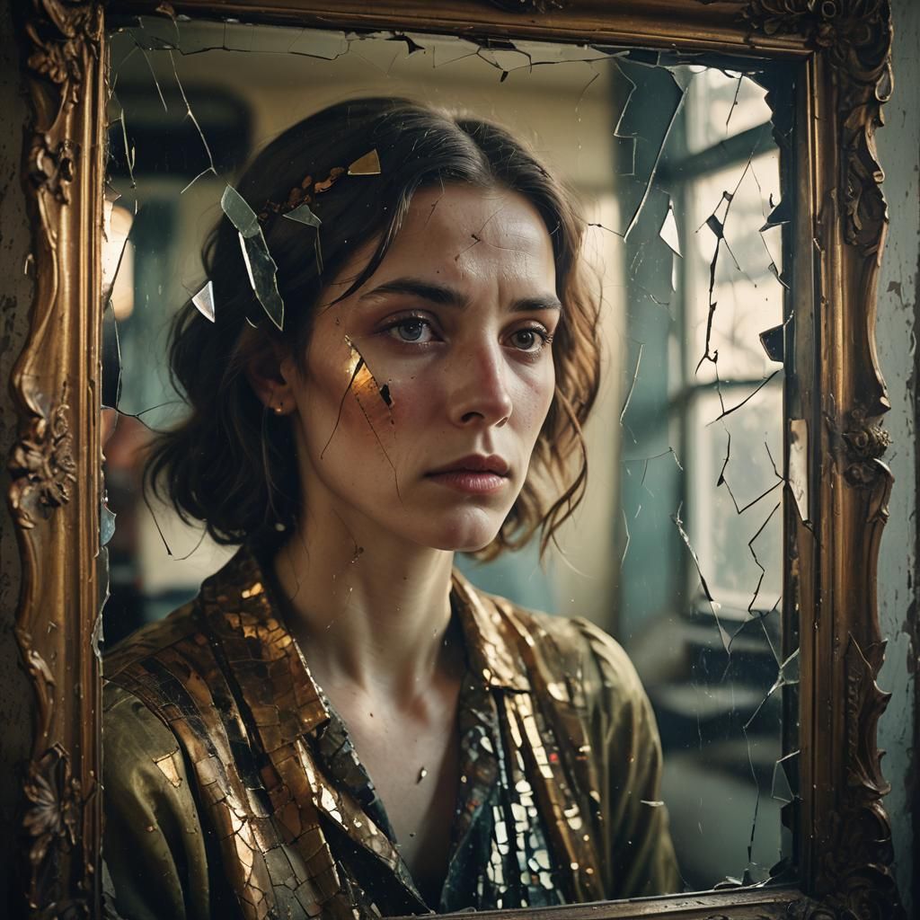 Woman Gazing in Mirror: Surreal Cinematic Portrait