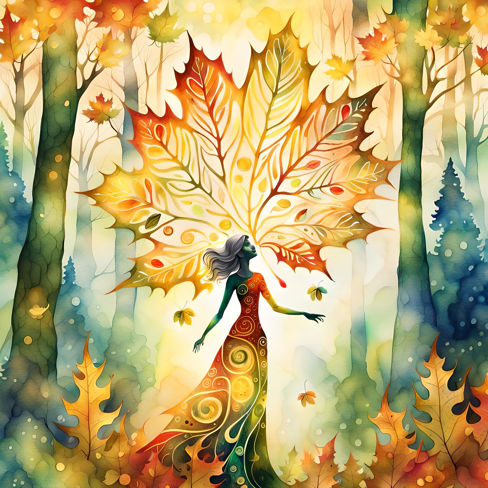 Maple Leaf Woman in Surrealist Watercolor Forest