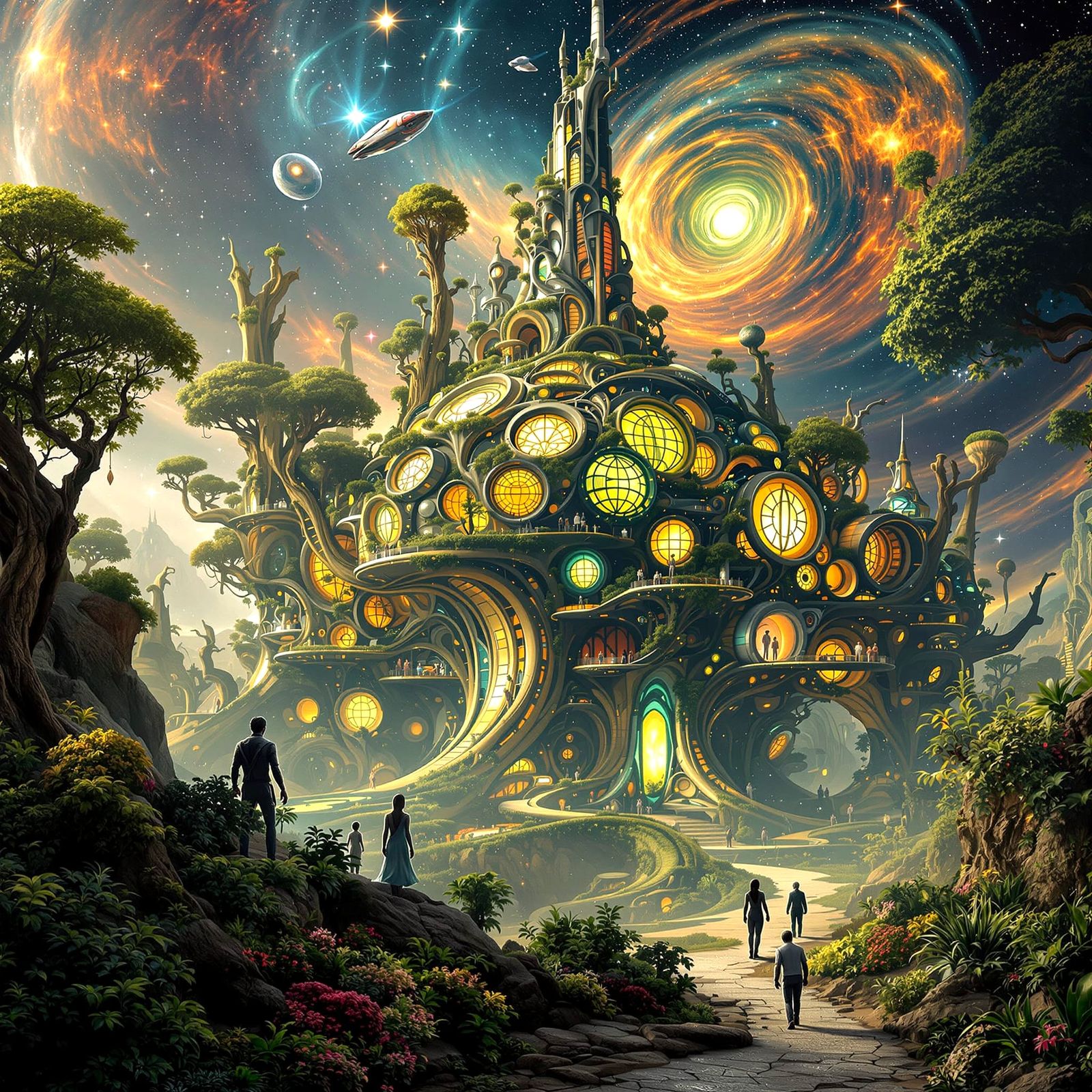 Futuristic Eco City with Starships and Nebulae