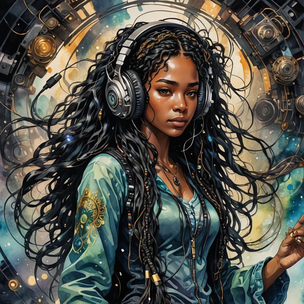 Black Woman Listening to Music in Dreamy Fairytale