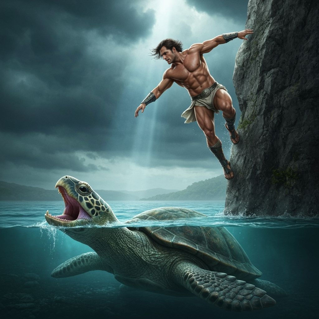 Greek Hero Theseus Falls Off Cliff Towards Giant Turtle
