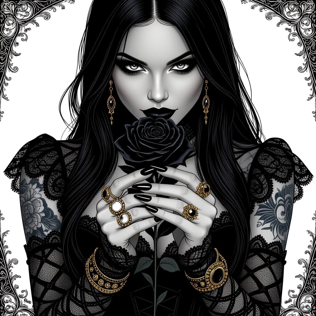 Gothic Witch with Rose in Comic Book Style