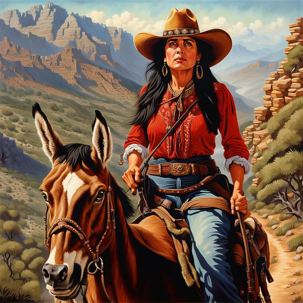Salma Hayek Leads Mule: Photorealistic Oil Painting