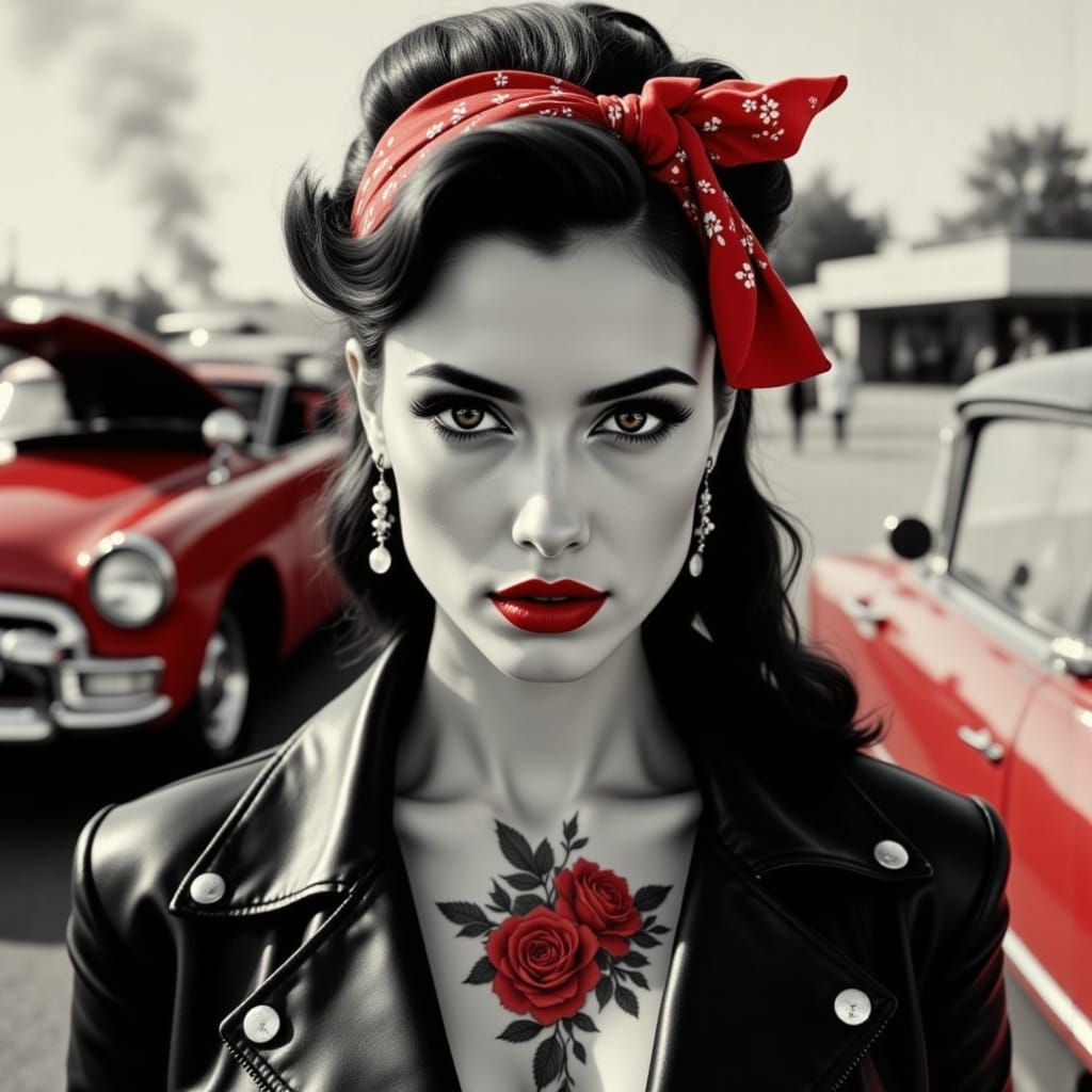 Retro Pin-Up Portrait with Red Accents