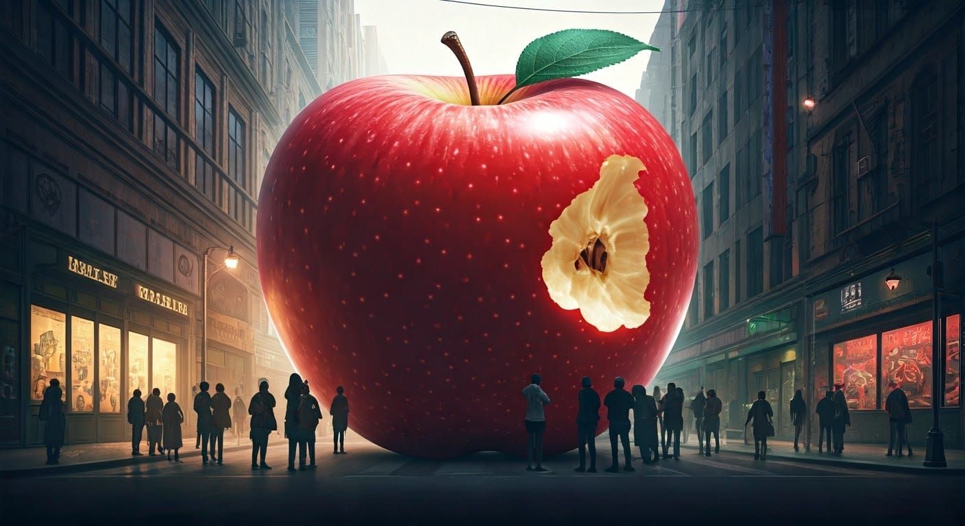 Giant Apple Street Scene: Hyperrealistic Concept Art