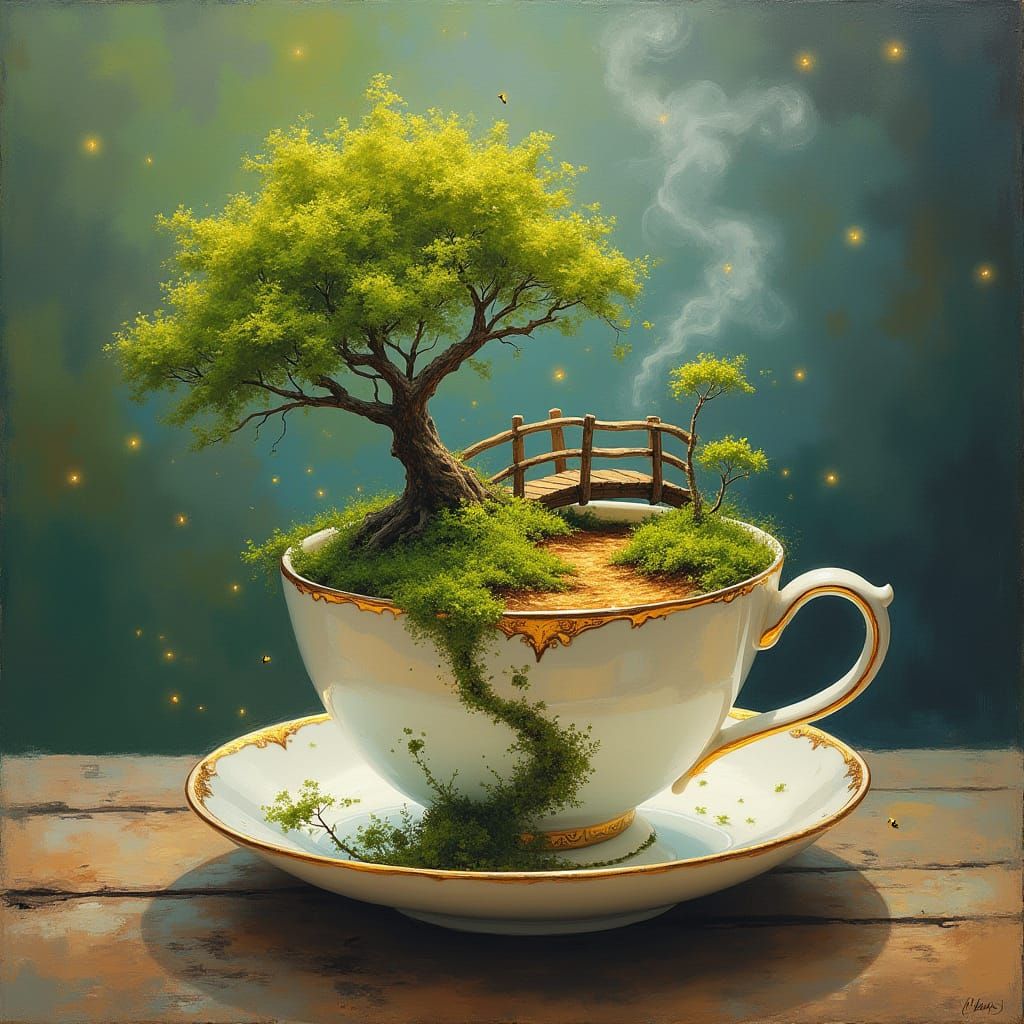 Miniature Forest Inside Teacup as Gouache Painting