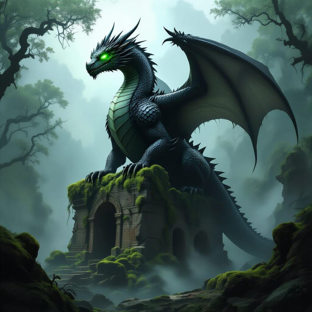 Ancient Obsidian Dragon Overlooking Ruined Forest